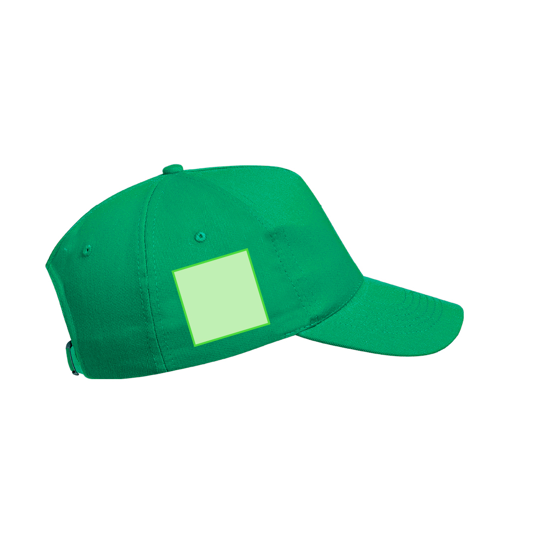 Gorra 5 paneles de algodón 100% reciclado con ventilación bordada, cierre de hebilla metálica y logo en etiqueta