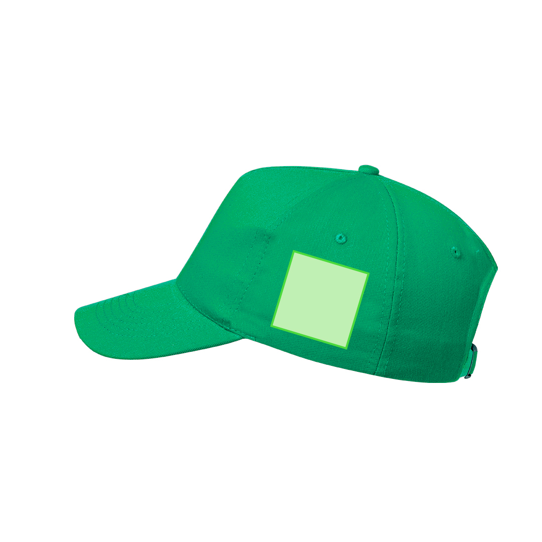 Gorra 5 paneles de algodón 100% reciclado con ventilación bordada, cierre de hebilla metálica y logo en etiqueta