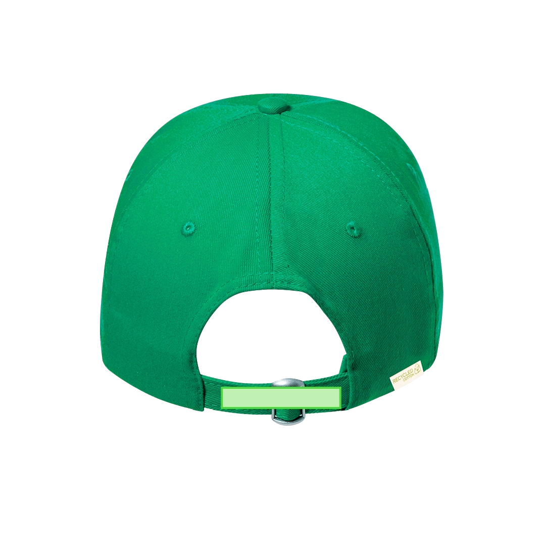 Gorra 5 paneles de algodón 100% reciclado con ventilación bordada, cierre de hebilla metálica y logo en etiqueta