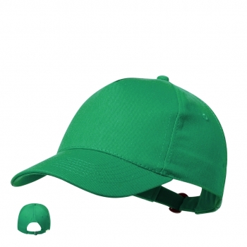 Gorra 5 paneles de algodón 100% reciclado con ventilación bordada, cierre de hebilla metálica y logo en etiqueta