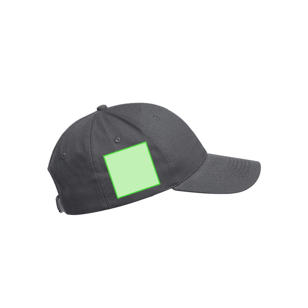 Gorra 6 paneles de algodón 100% reciclado con ventilación bordada, cierre de hebilla metálica y logo en etiqueta