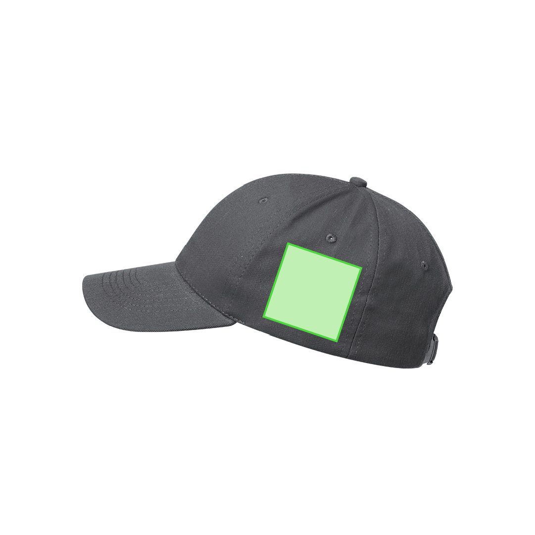 Gorra 6 paneles de algodón 100% reciclado con ventilación bordada, cierre de hebilla metálica y logo en etiqueta