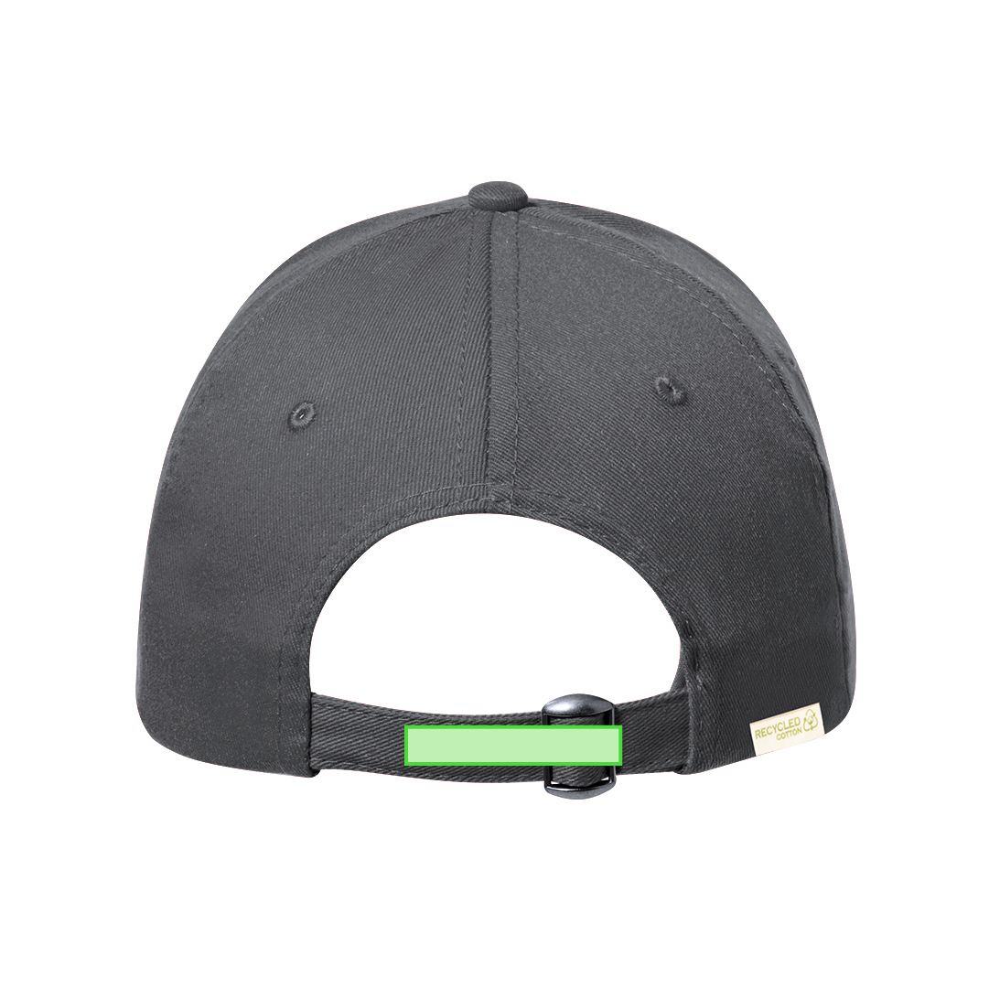Gorra 6 paneles de algodón 100% reciclado con ventilación bordada, cierre de hebilla metálica y logo en etiqueta