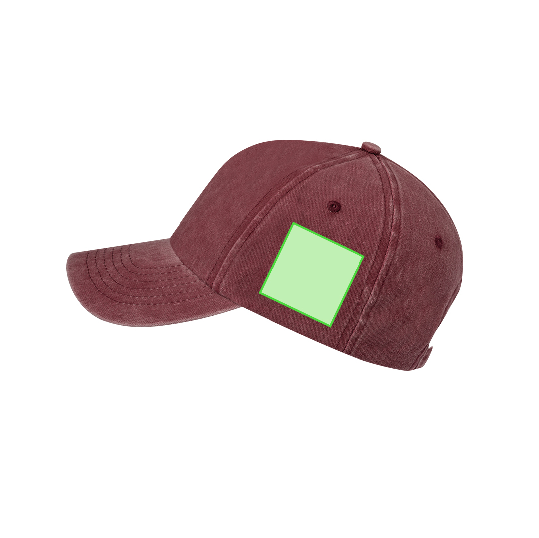 Gorra 5 paneles de algodón 100% efecto lavado con orificios de ventilación y cierre de hebilla metálica