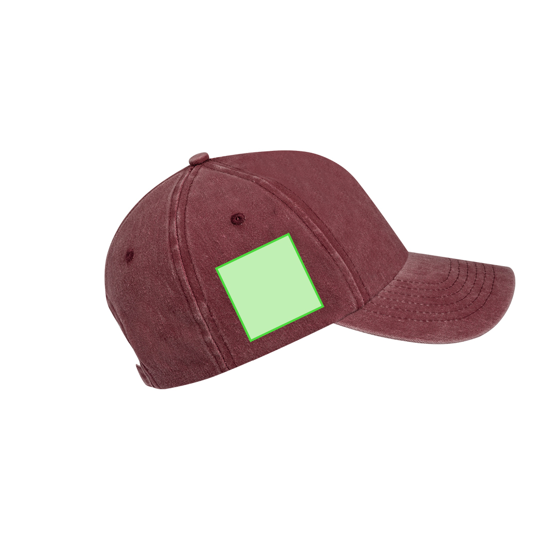 Gorra 5 paneles de algodón 100% efecto lavado con orificios de ventilación y cierre de hebilla metálica