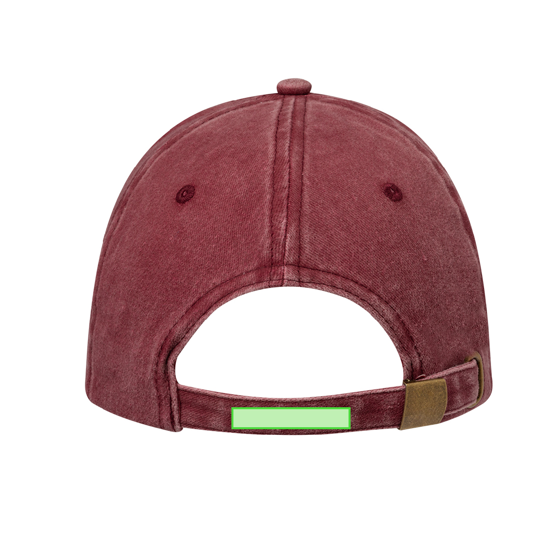 Gorra 5 paneles de algodón 100% efecto lavado con orificios de ventilación y cierre de hebilla metálica