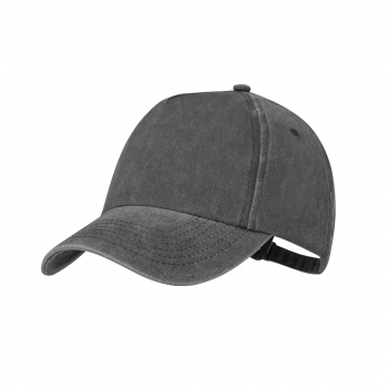 Gorra 5 paneles de algodón 100% efecto lavado con orificios de ventilación y cierre de hebilla metálica