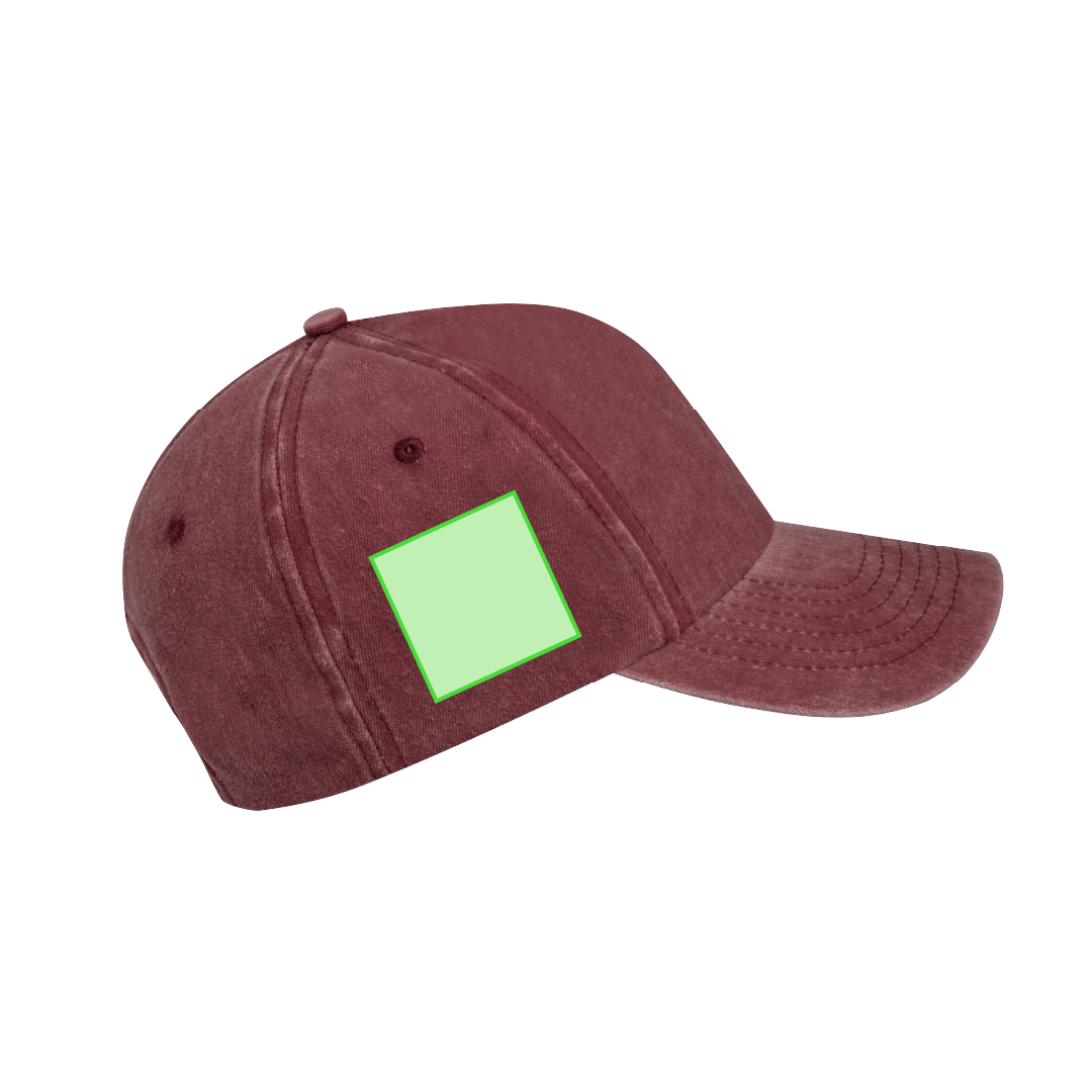 Gorra 6 paneles de algodón 100% efecto lavado con orificios de ventilación y cierre de hebilla metálica