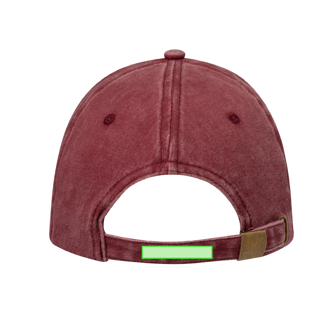 Gorra 6 paneles de algodón 100% efecto lavado con orificios de ventilación y cierre de hebilla metálica