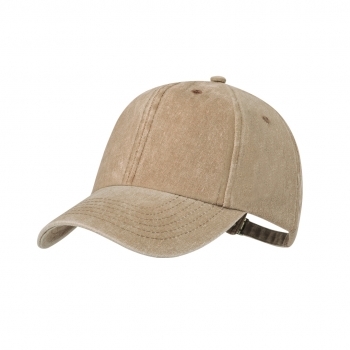 Gorra 6 paneles de algodón 100% efecto lavado con orificios de ventilación y cierre de hebilla metálica