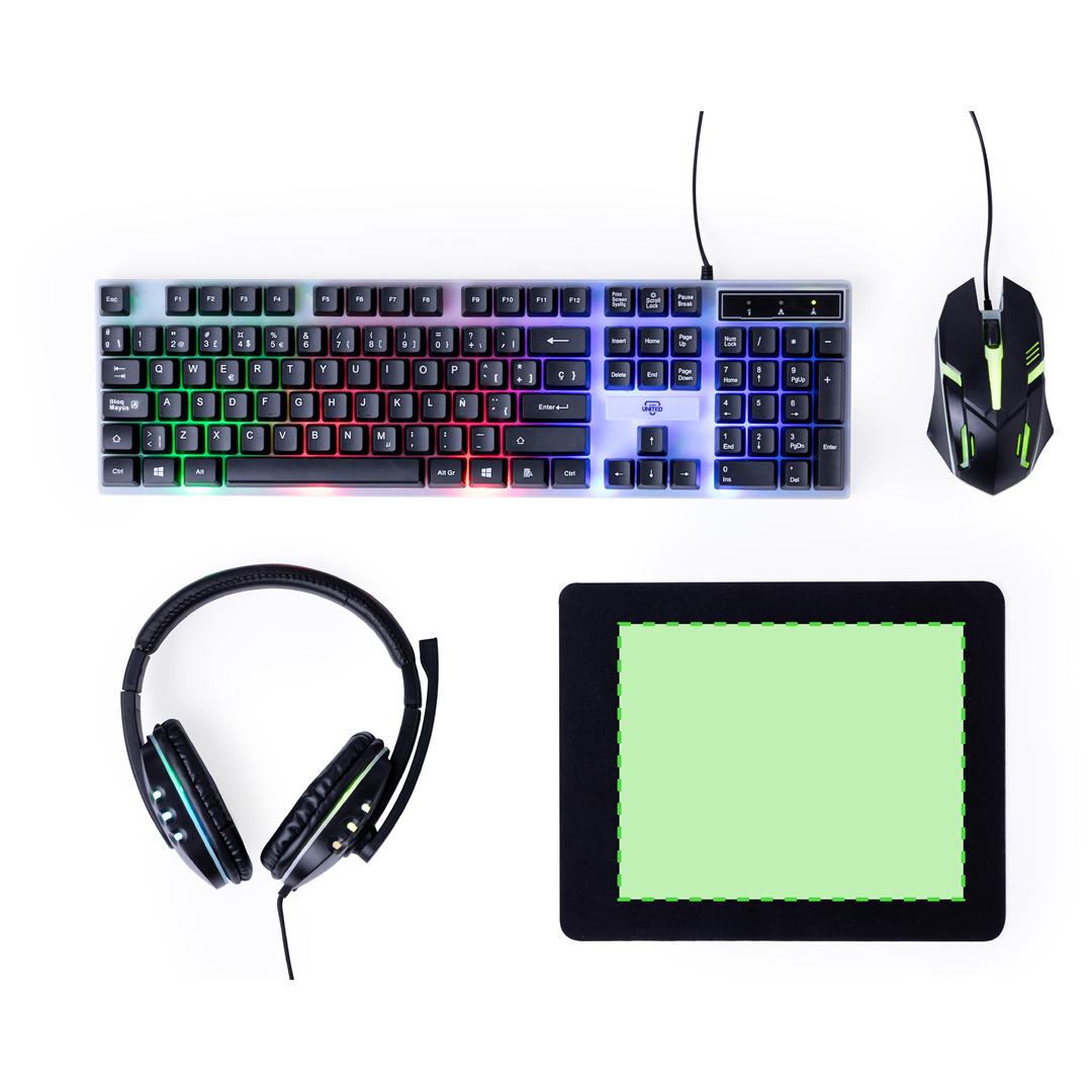 Set Gamer completo con luces LED: auriculares, ratón, teclado y alfombrilla