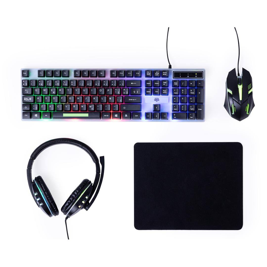 Set Gamer completo con luces LED: auriculares, ratón, teclado y alfombrilla