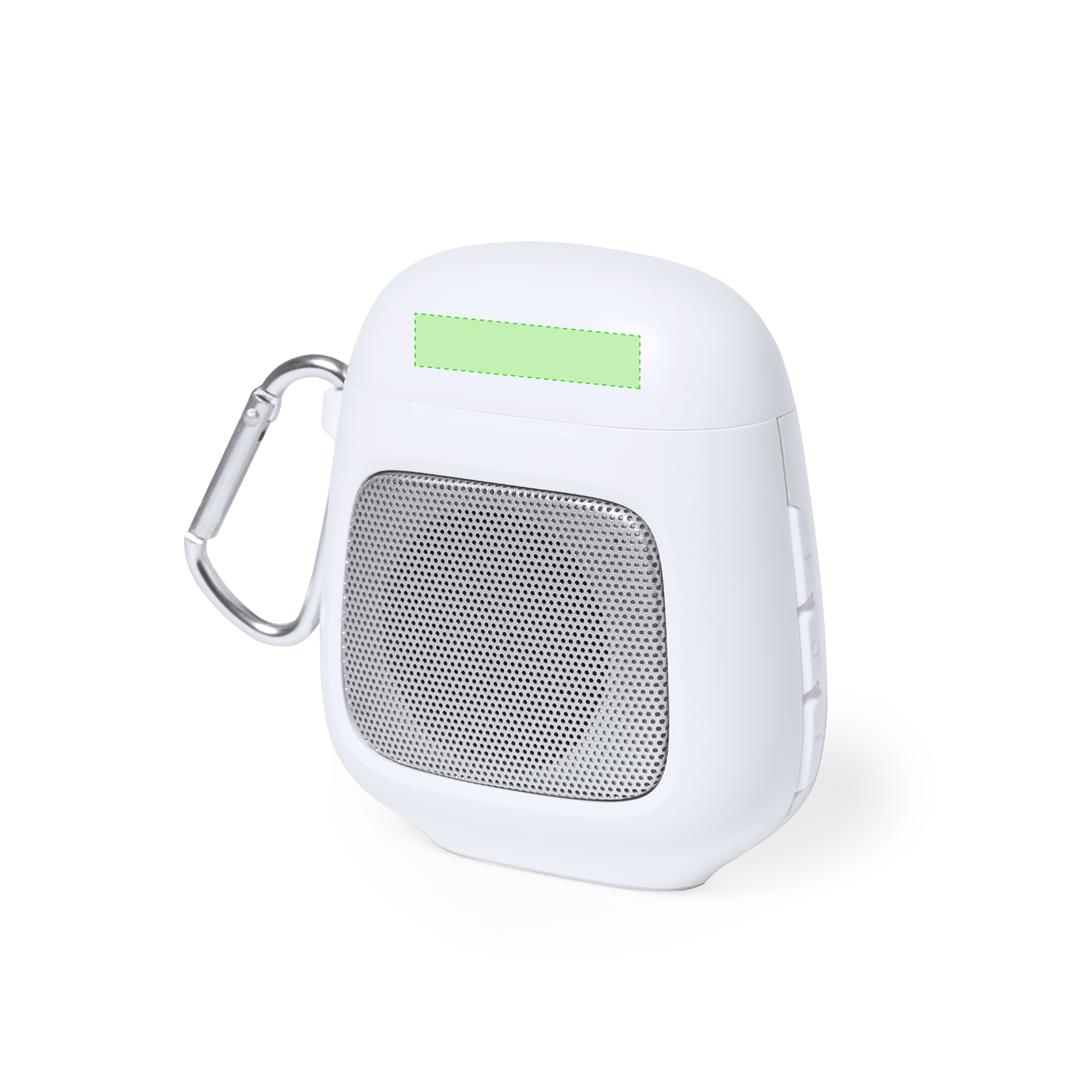 Set auriculares + altavoz Bluetooth 5.0 en ABS blanco con mosquetón y base carga 600 mAh