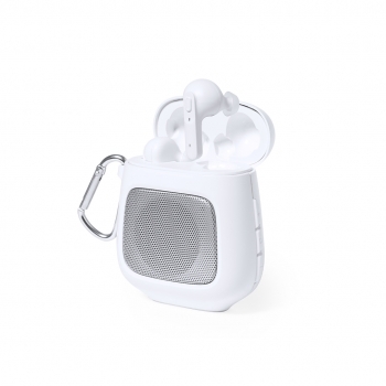 Set auriculares + altavoz Bluetooth 5.0 en ABS blanco con mosquetón y base carga 600 mAh