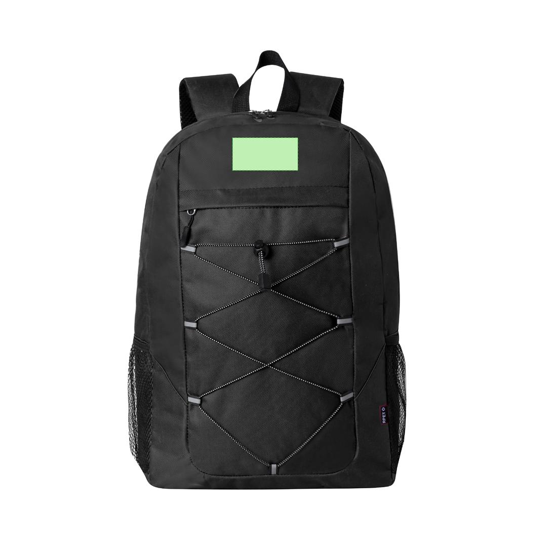 Mochila de RPET 600D con doble tirador, bolsillos laterales de rejilla, cuerda elástica frontal y bolsa reciclada