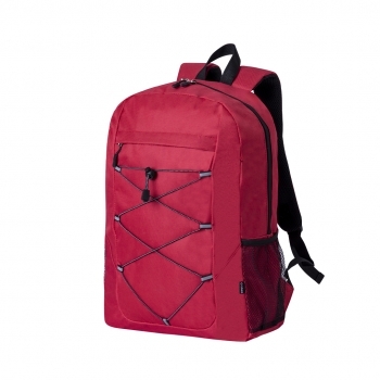 Mochila de RPET 600D con doble tirador, bolsillos laterales de rejilla, cuerda elástica frontal y bolsa reciclada
