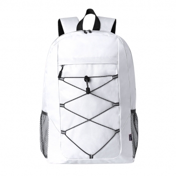 Mochila de RPET 600D con doble tirador, bolsillos laterales de rejilla, cuerda elástica frontal y bolsa reciclada
