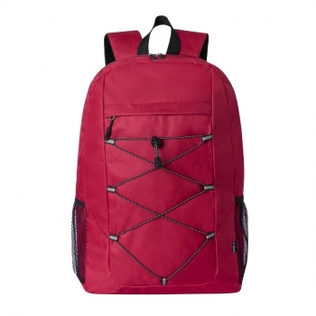 Mochila de RPET 600D con doble tirador, bolsillos laterales de rejilla, cuerda elástica frontal y bolsa reciclada