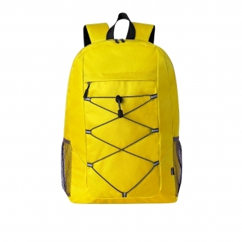 Mochila de RPET 600D con doble tirador, bolsillos laterales de rejilla, cuerda elástica frontal y bolsa reciclada