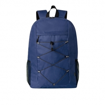 Mochila de RPET 600D con doble tirador, bolsillos laterales de rejilla, cuerda elástica frontal y bolsa reciclada
