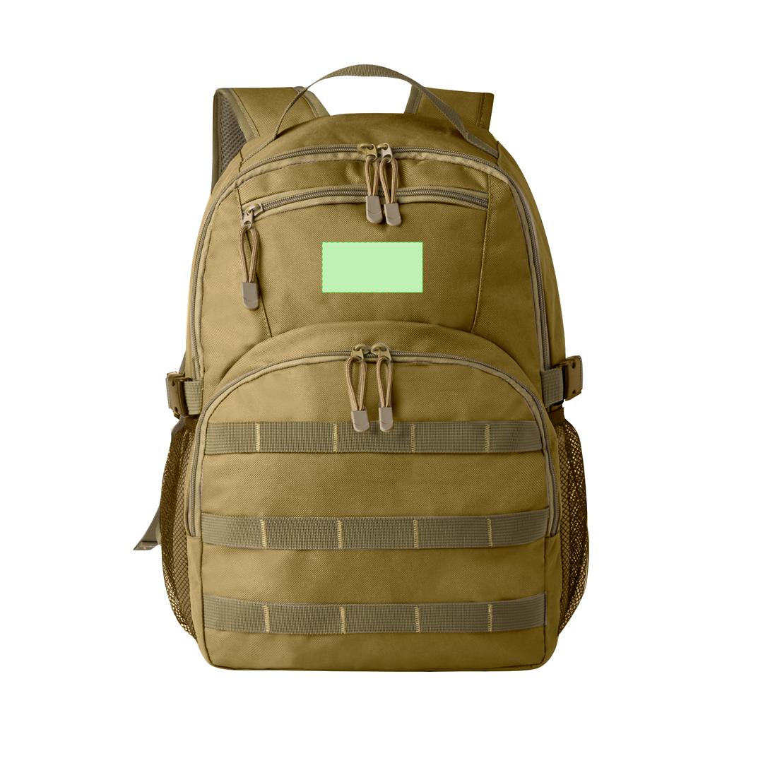 Mochila táctica de poliéster 800D en tonos arena con soportes elásticos frontales y asa de transporte