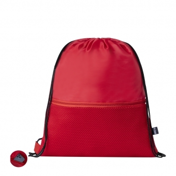 Mochila de cuerdas de RPET 210D con bolsillo frontal de rejilla, argollas de tela y sublimación