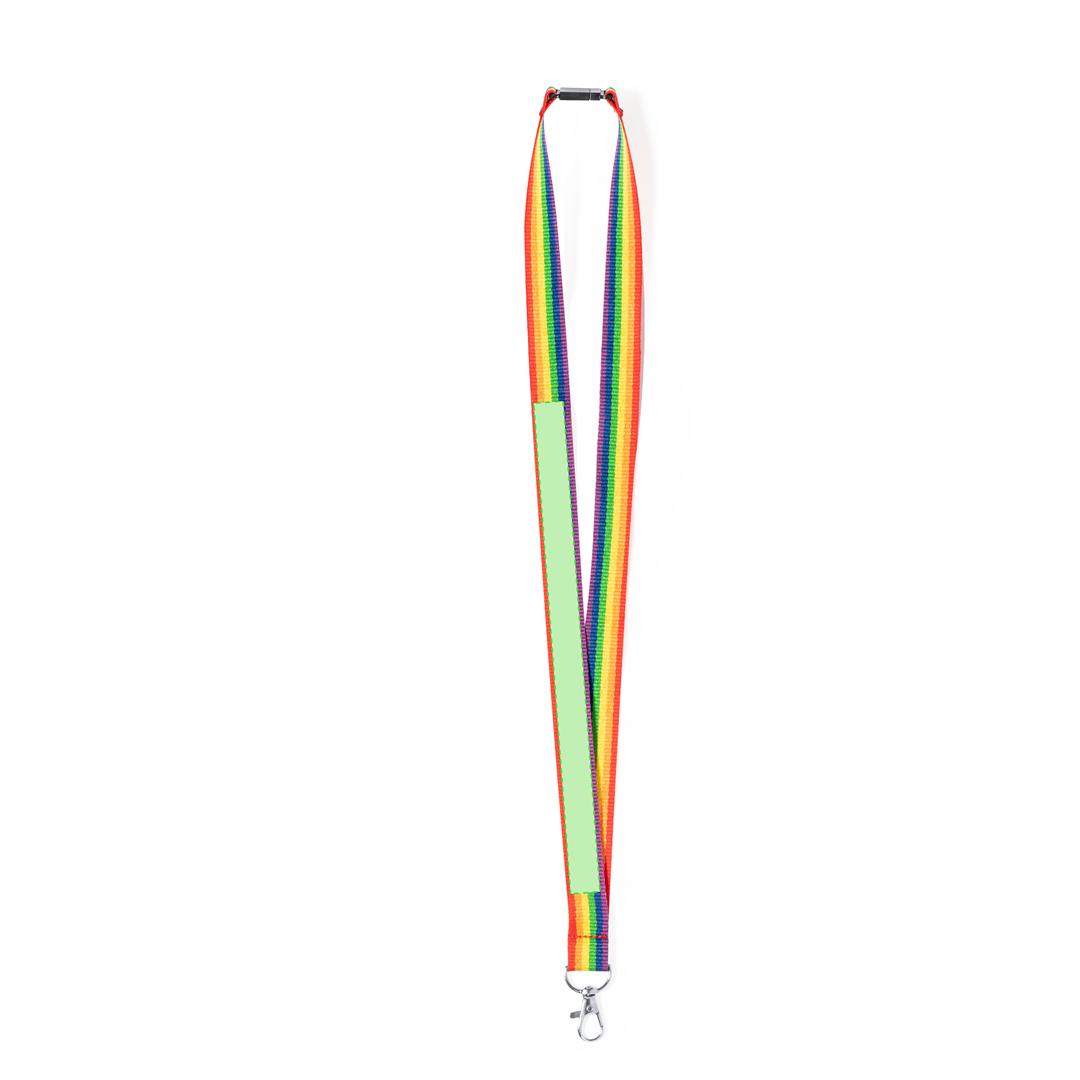 Lanyard Rainbow multicolor de poliéster con mosquetón giratorio metálico y cierre de seguridad