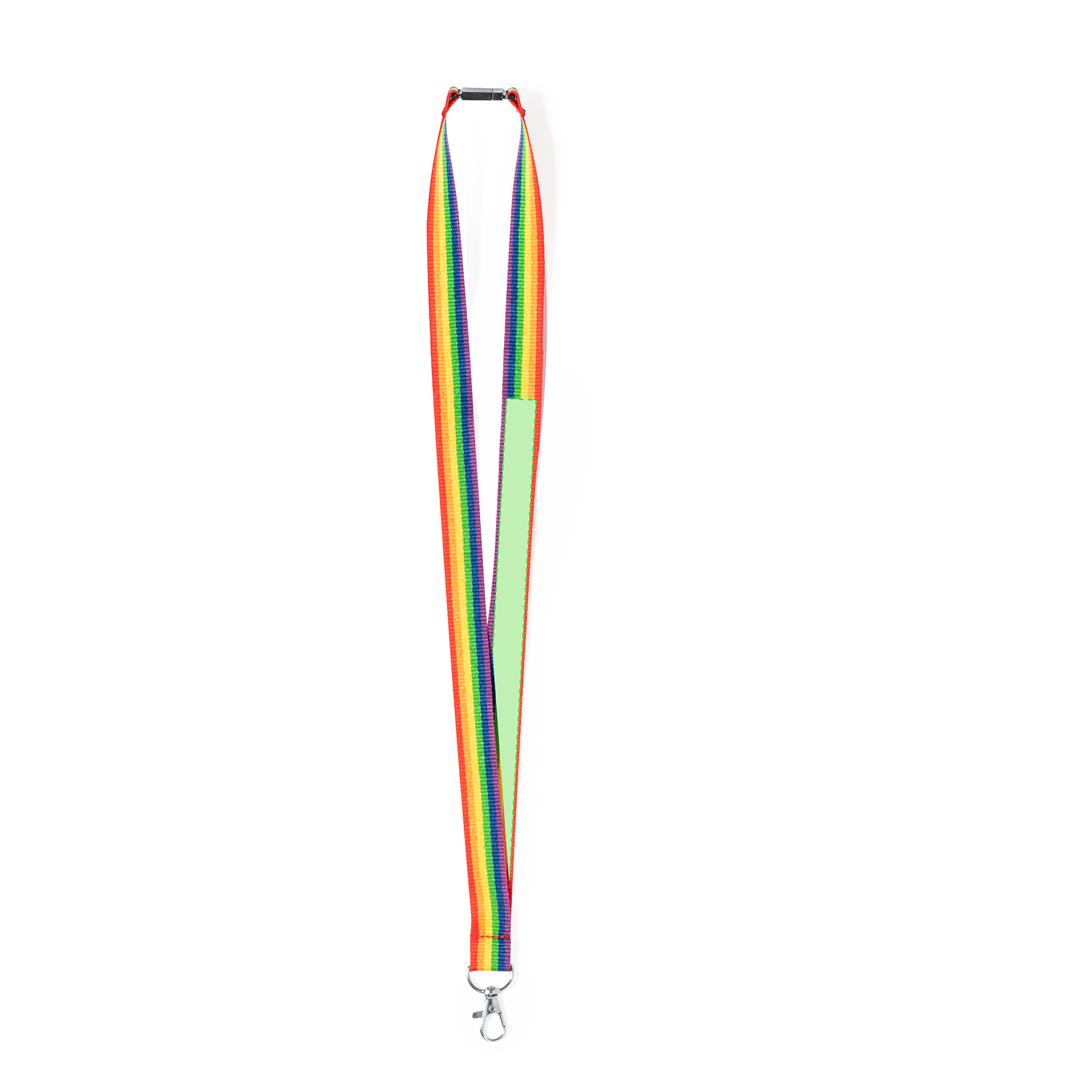 Lanyard Rainbow multicolor de poliéster con mosquetón giratorio metálico y cierre de seguridad