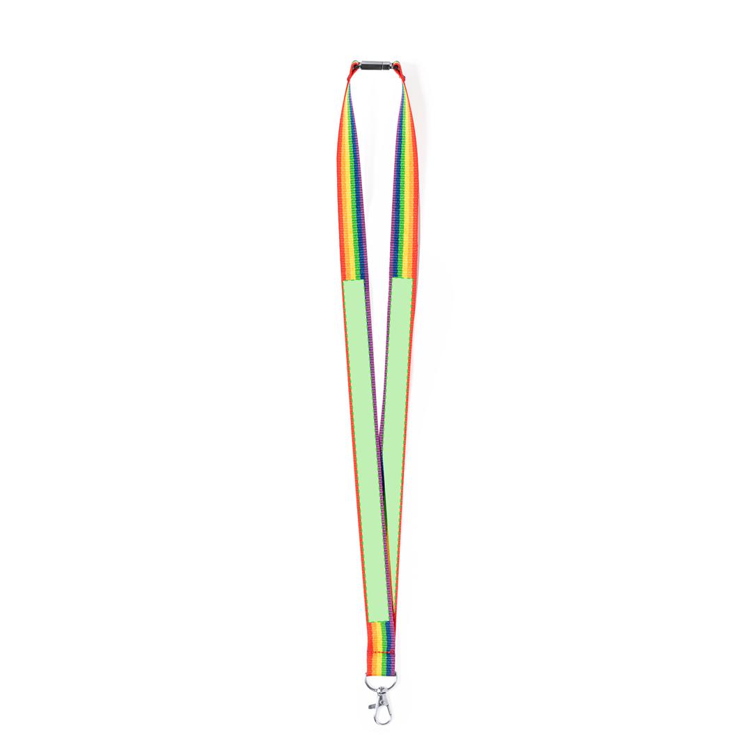 Lanyard Rainbow multicolor de poliéster con mosquetón giratorio metálico y cierre de seguridad