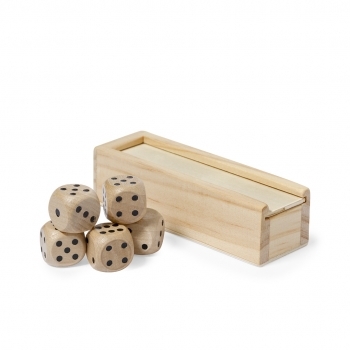 Juego de 5 dados de madera natural en estuche con tapa deslizante