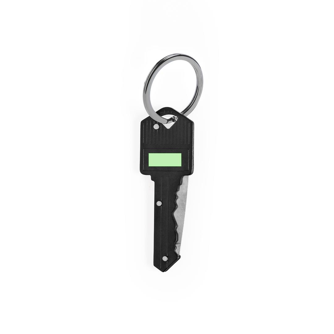 Navaja en forma de llave de aluminio y acero inox con hoja plegable y anilla llavero