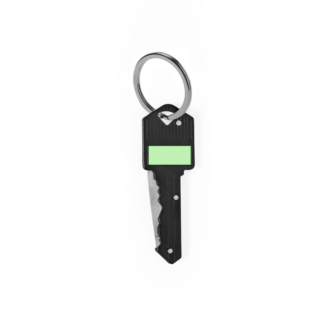 Navaja en forma de llave de aluminio y acero inox con hoja plegable y anilla llavero