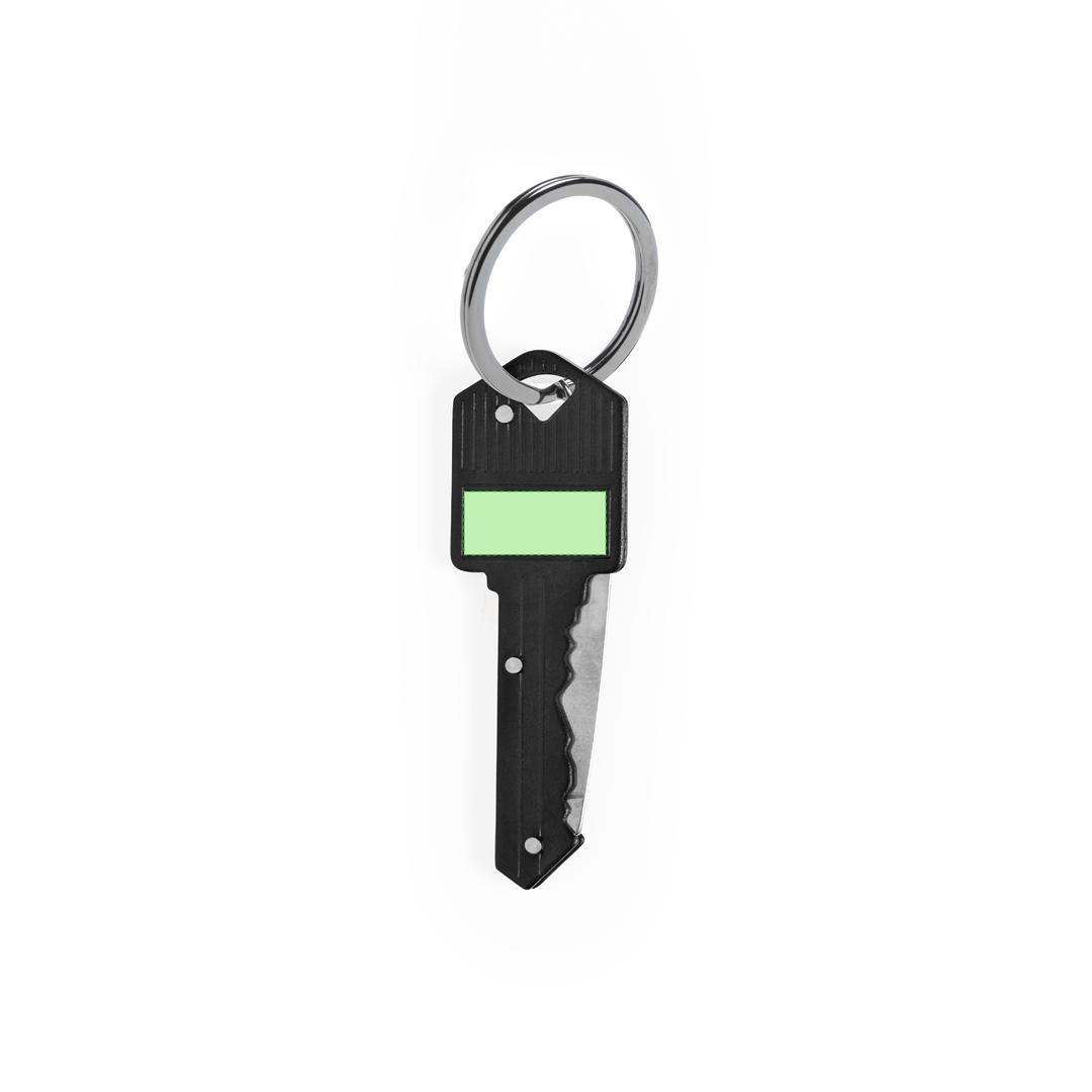 Navaja en forma de llave de aluminio y acero inox con hoja plegable y anilla llavero