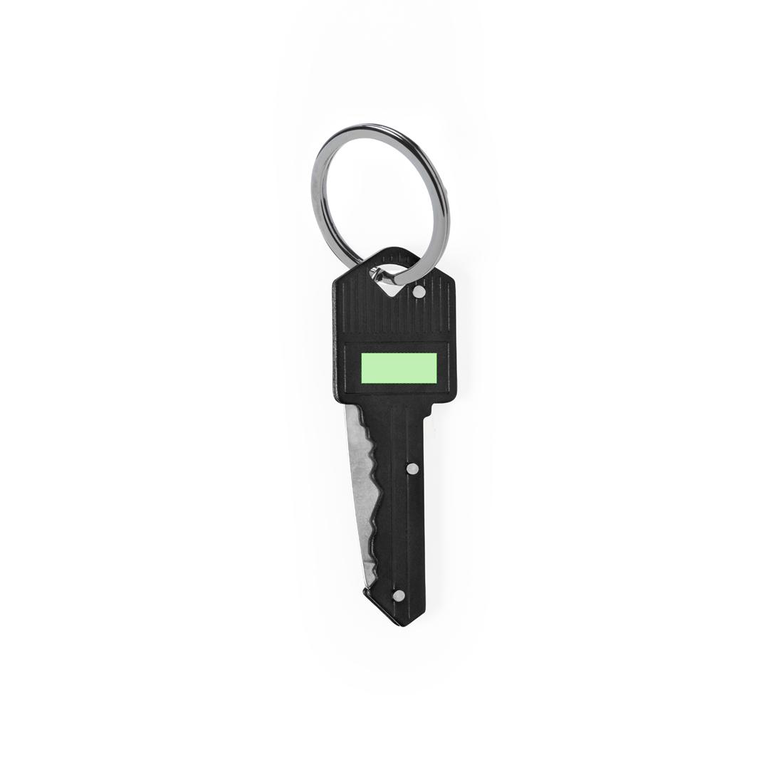 Navaja en forma de llave de aluminio y acero inox con hoja plegable y anilla llavero