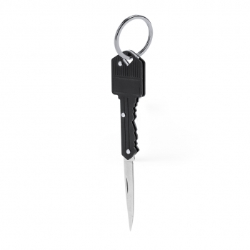 Navaja en forma de llave de aluminio y acero inox con hoja plegable y anilla llavero
