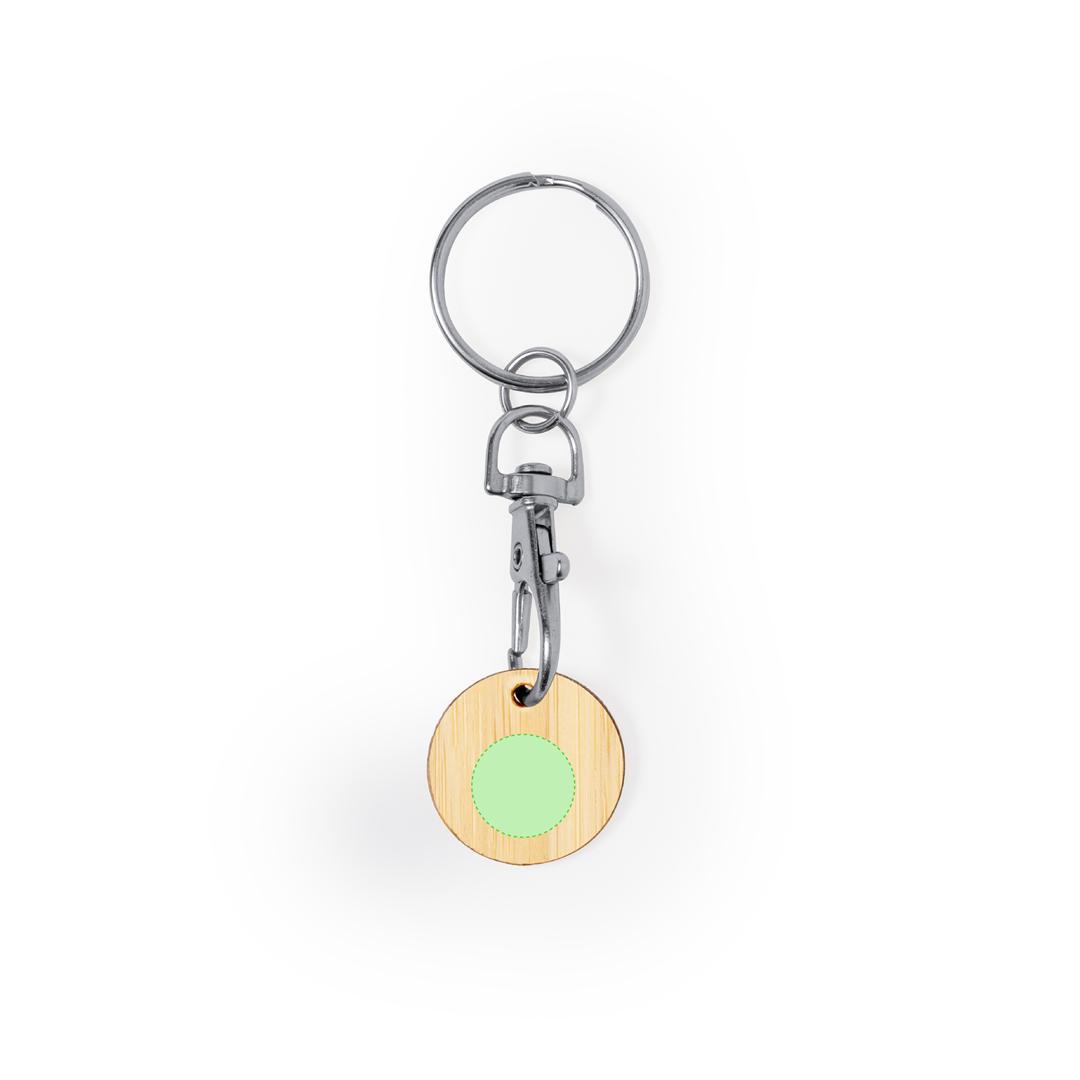 Llavero moneda de bambú con mosquetón giratorio y moneda de bambú grabada