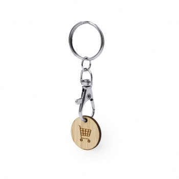 Llavero moneda de bambú con mosquetón giratorio y moneda de bambú grabada
