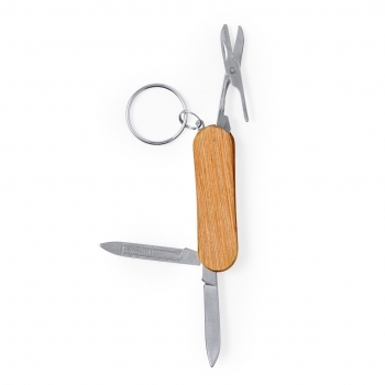 Llavero multiherramienta de madera y acero inox 3 funciones tijeras cuchillo y lima