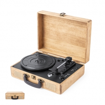 Tocadiscos portátil en maletín de madera natural con Bluetooth 2×3W, compatible 33/45/78 RPM y batería 1200 mAh