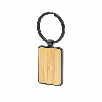 Llavero de metal negro y bambú para marcaje láser en diseño rectangular