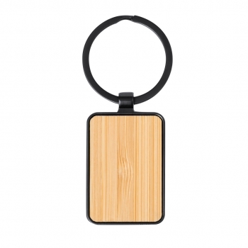 Llavero de metal negro y bambú para marcaje láser en diseño rectangular