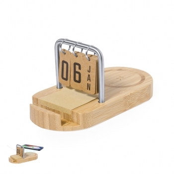 Cargador inalámbrico de bambú 15W con 3 salidas USB simultáneas