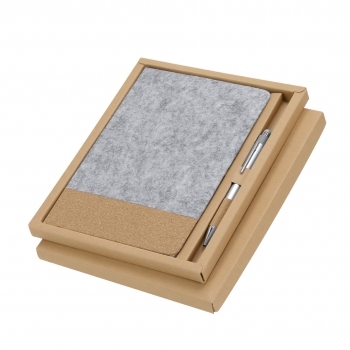 Set eco híbrido de fieltro RPET y corcho con bloc de 80 hojas y bolígrafo de aluminio reciclado