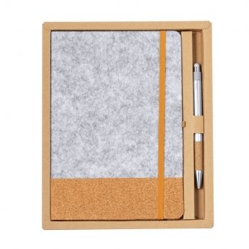 Set eco híbrido de fieltro RPET y corcho con bloc de 80 hojas y bolígrafo de aluminio reciclado