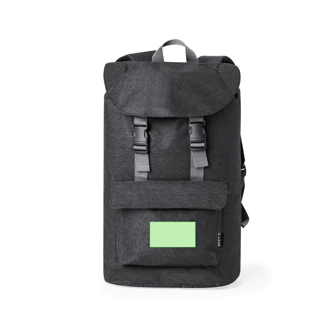 Mochila de RPET 600D con solapa doble cierre, bolsillo velcro, bolsa reciclada y varios colores