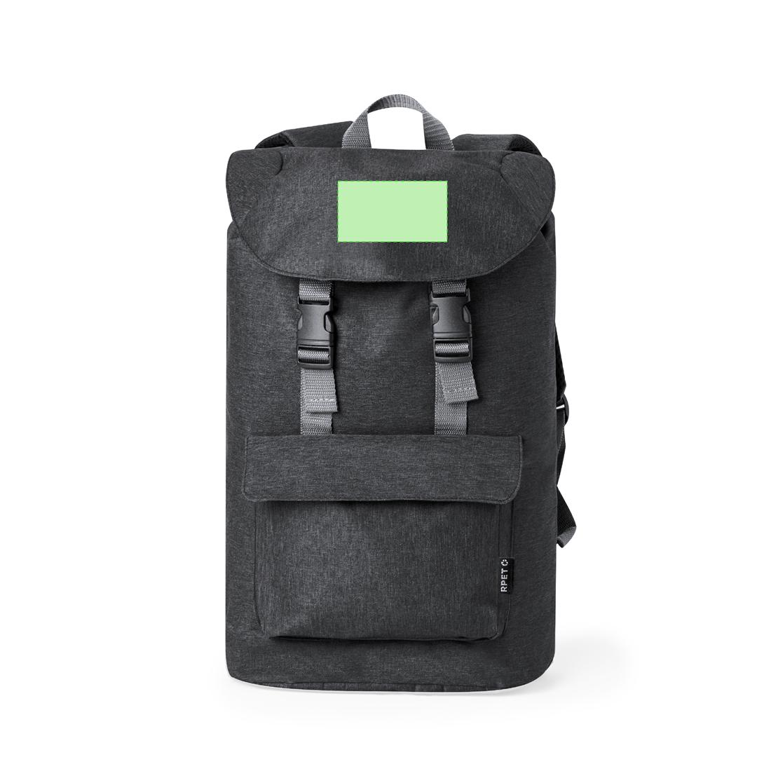 Mochila de RPET 600D con solapa doble cierre, bolsillo velcro, bolsa reciclada y varios colores