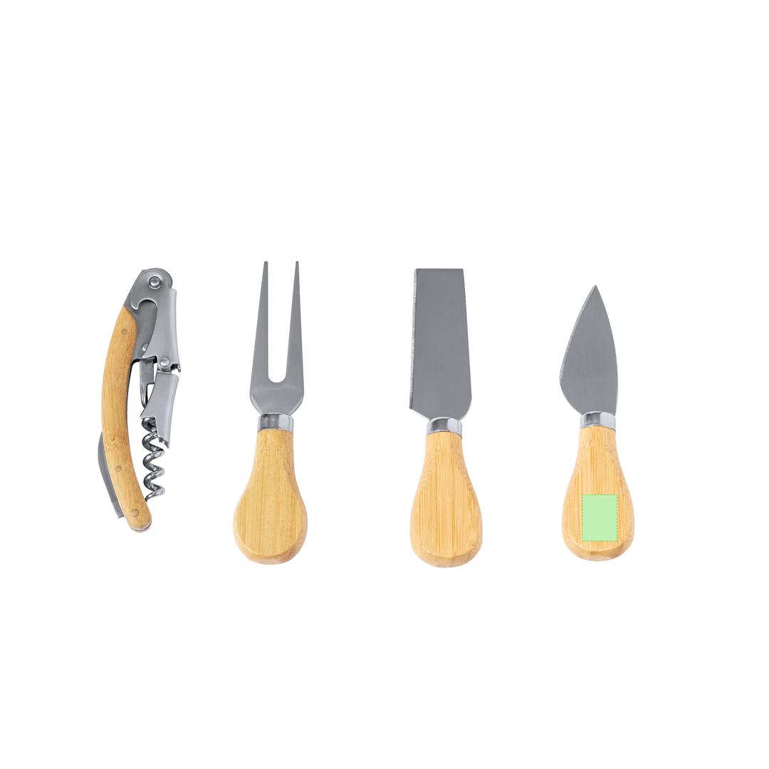 Set de vino y quesos de bambú con acero inoxidable 4 piezas