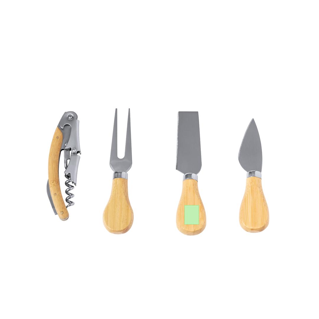 Set de vino y quesos de bambú con acero inoxidable 4 piezas