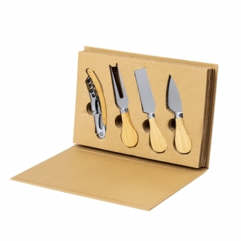 Set de vino y quesos de bambú con acero inoxidable 4 piezas