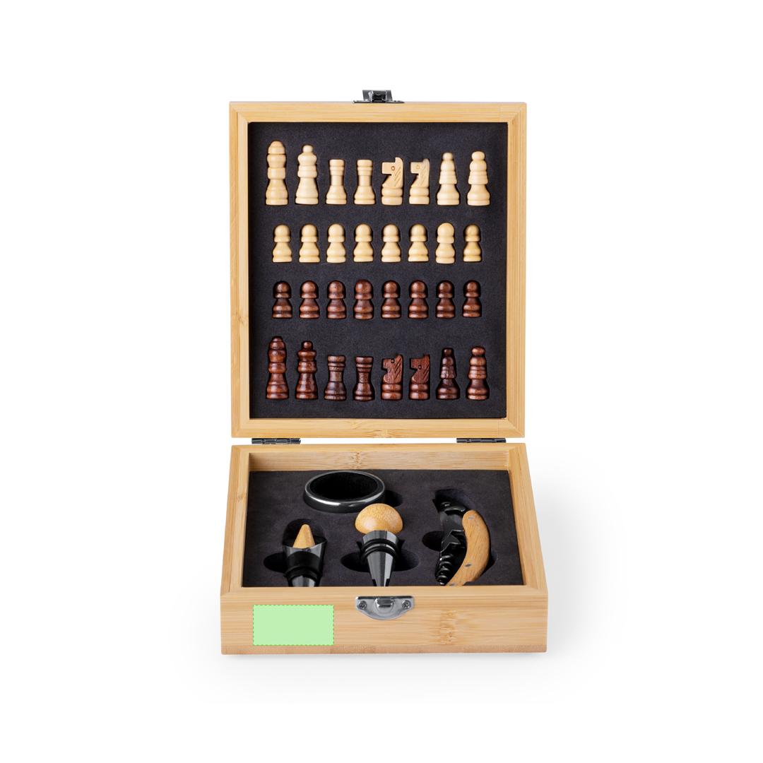 Set de vinos de bambú con tablero de ajedrez incluido 4 accesorios